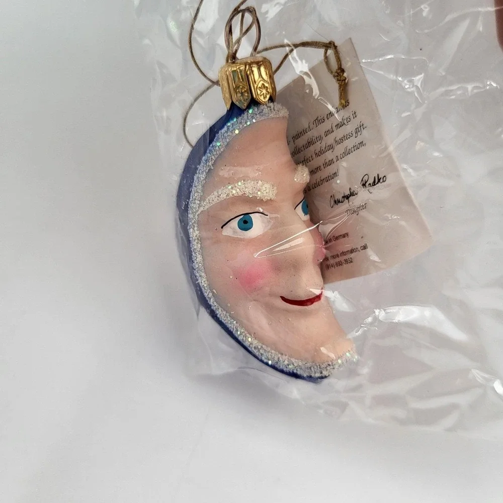Christopher Radko Crescent Moon Glass Christmas Ornament Man Face Blue